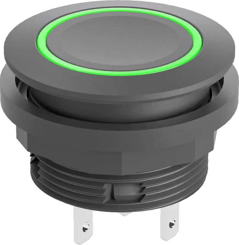 Green LED Round Pushbutton IP67 22.3 mm Faston Black Bezel Marine