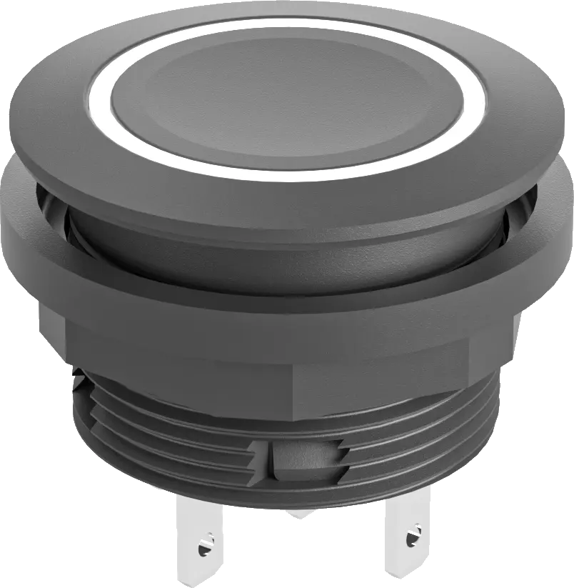 IP67 illuminated pushbutton white LED black bezel 22.3 mm compact