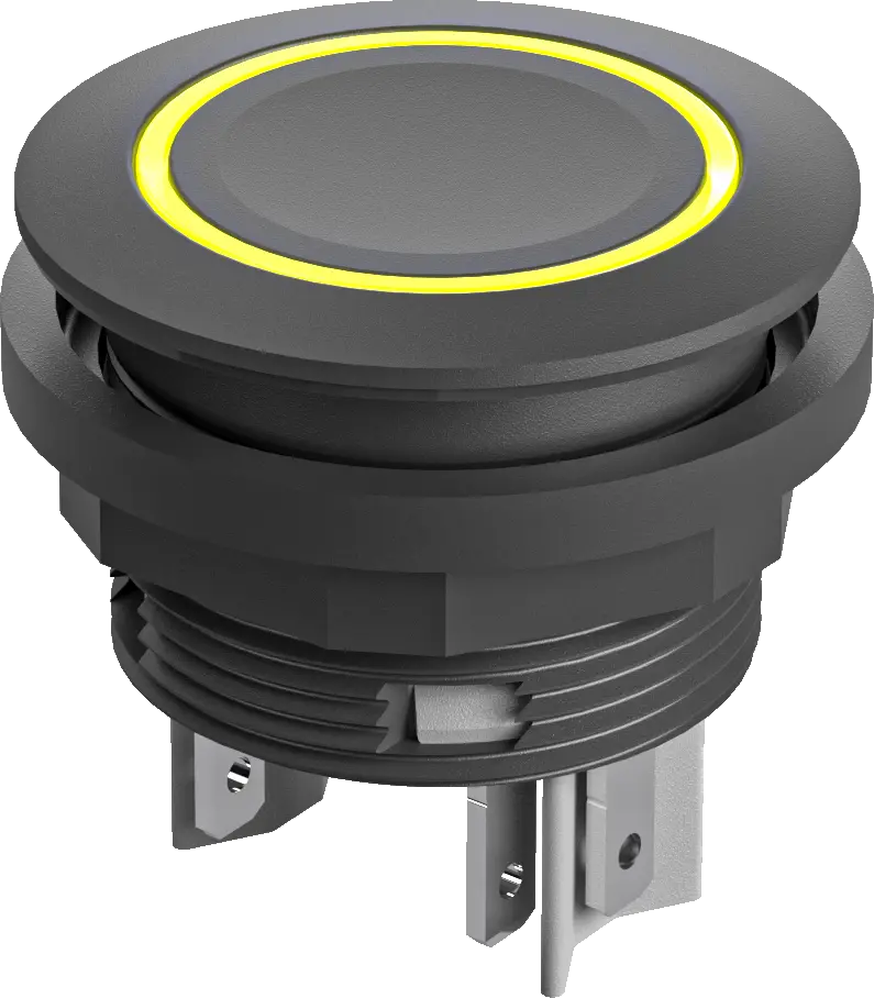 SSWTLRYI Pushbutton LED Yellow 24V IP67 22mm mount 1NO black ring