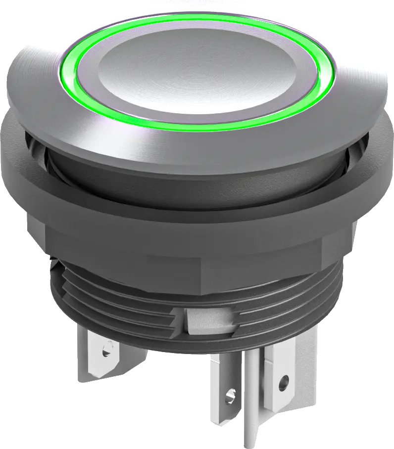 22.3 mm IP67 illuminated pushbutton green LED stainless bezel 24V